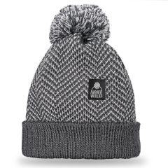 Grey Herringbone Merino Wool Beanie Hat with Pom