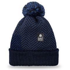 Navy Herringbone Merino Wool Beanie Hat with Pom