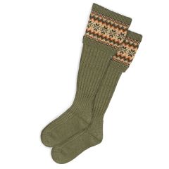Womens Dark Olive Fair Isle Long Boot Socks