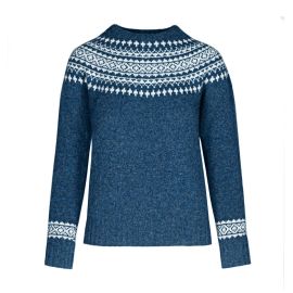 Women's Heather Denim Fair Isle Knitted Wool Crew Neck Jumper