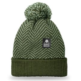 Green Herringbone Merino Wool Beanie Hat with Pom
