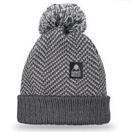 Grey Herringbone Merino Wool Beanie Hat with Pom