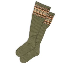 Womens Dark Olive Fair Isle Long Boot Socks