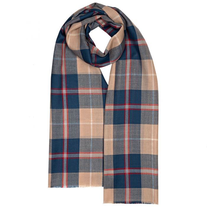 Alba Navy Check Extra Fine Merino Stole | Lochcarron of Scotland