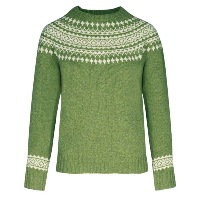 Women's Heather Green Olive Grove Fair Isle Knitted Wool Crew Neck Jumper
