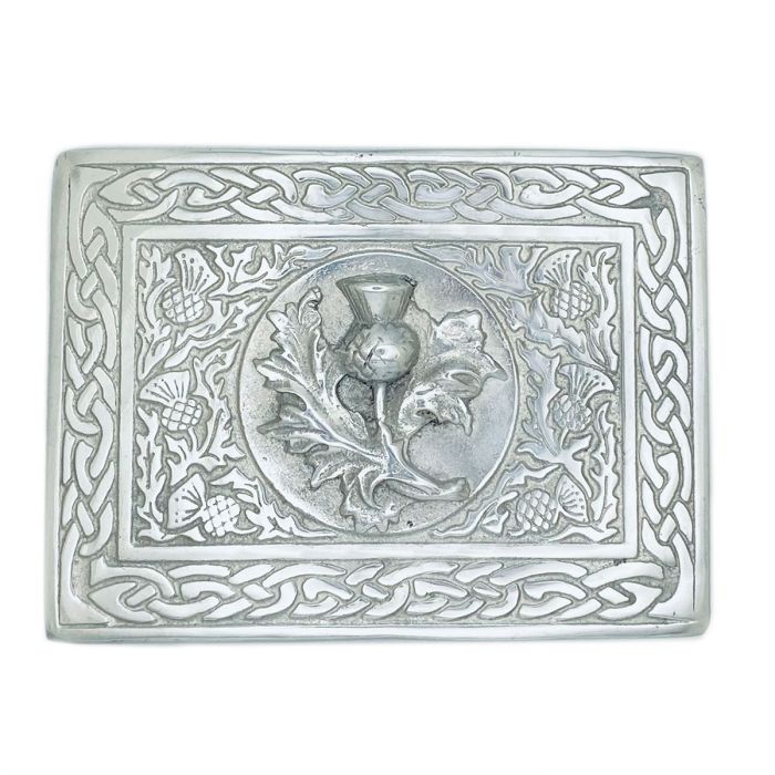 Thistle and Celtic Kilt Belt Buckle in Polished Pewter