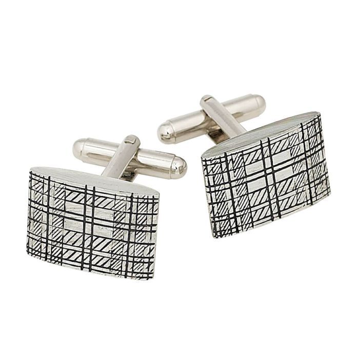 Cufflinks with Tartan Etched Rectangular Design in Polish Pewter