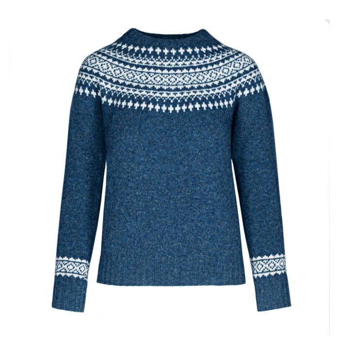 Women's Heather Denim Fair Isle Knitted Wool Crew Neck Jumper