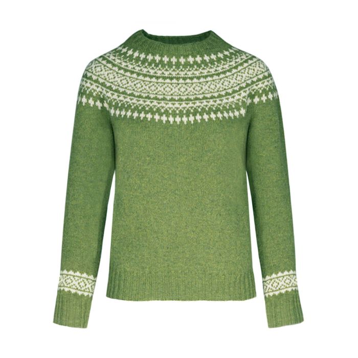 Women's Heather Green Olive Grove Fair Isle Knitted Wool Crew Neck Jumper