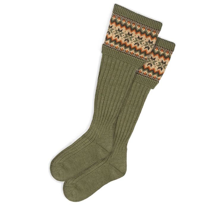 Womens Dark Olive Fair Isle Long Boot Socks