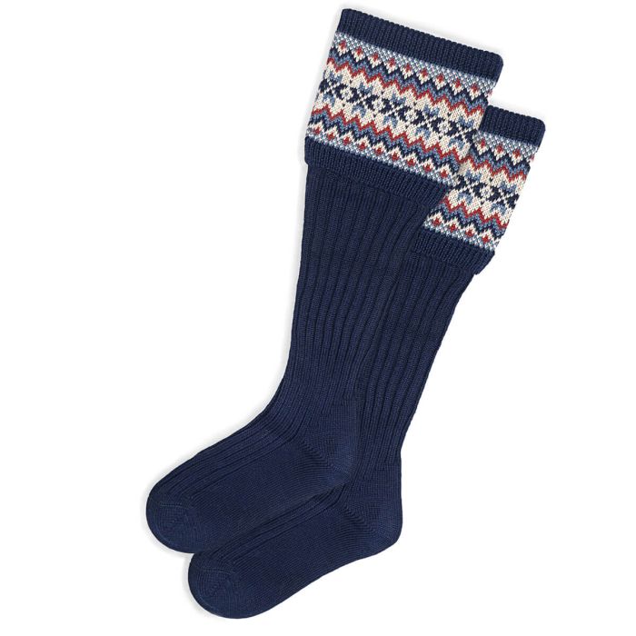 Womens Navy Fair Isle Long Boot Socks