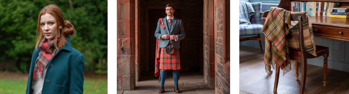 Various different models showcasing Lochcarron tartan patterns 