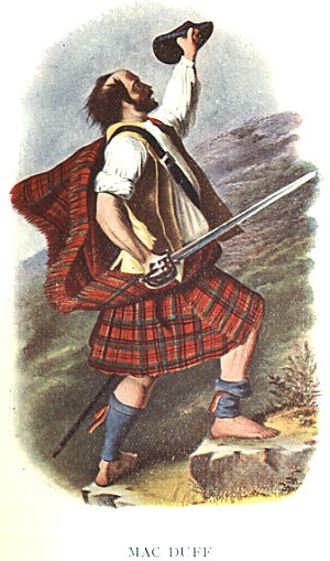 Macduff climbing a hill with a sword in his hand.