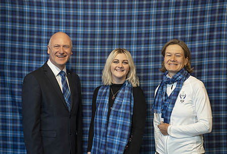 Image of Catriona Matthew and Joe Fitzpatrick with Textile Designer Rebecca Ferguson