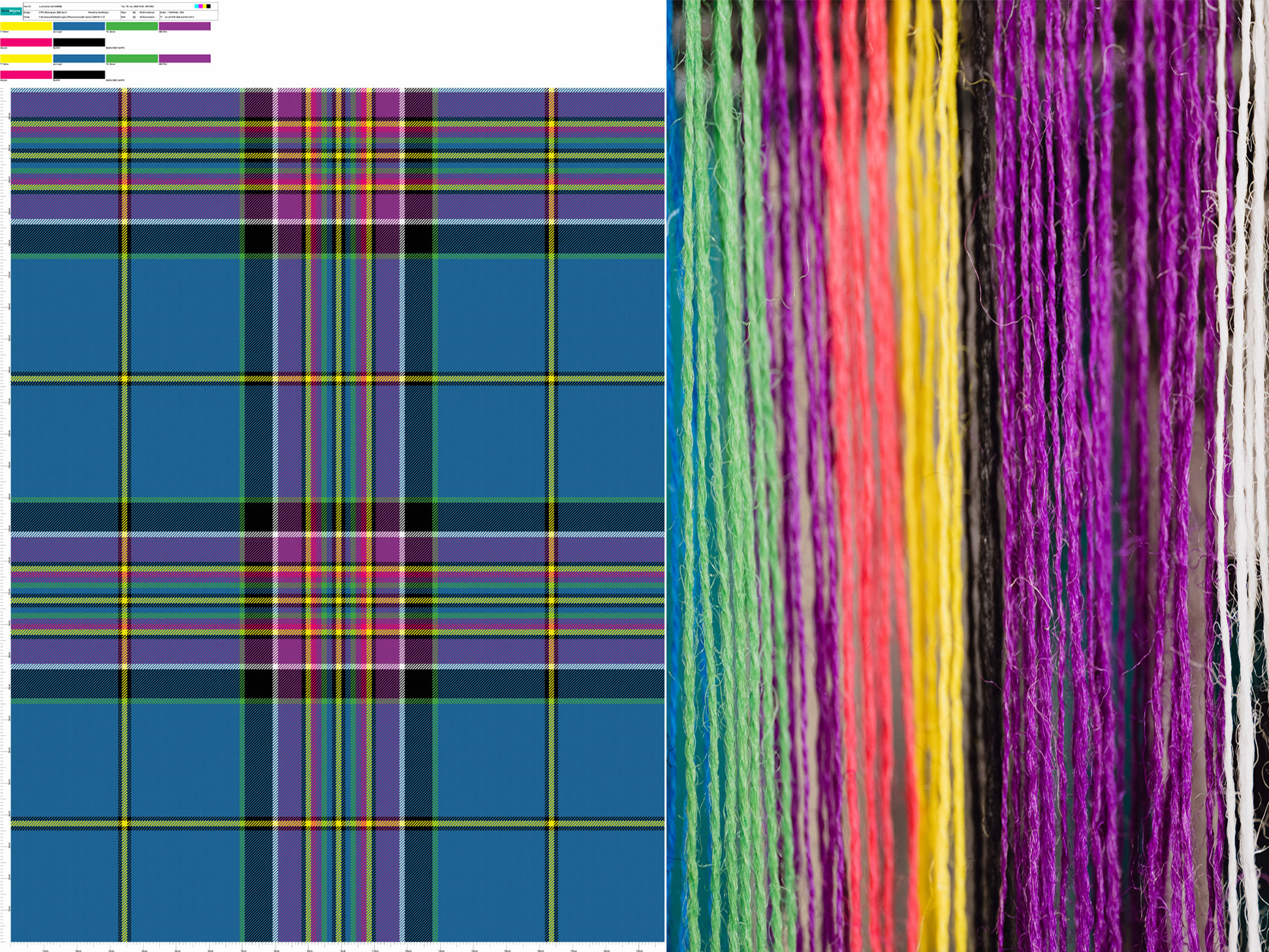 Lochcarron of Scotland's Tartan design service image with colourful yarns corresponding to the Commonwealth Games 2022 tartan